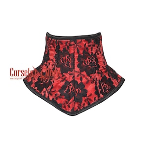 Red Satin Black Net Overlay Neck Corset Unisex Collar Back Lace Up Posture