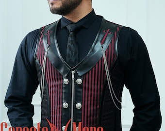 Chaleco rojo de brocado con varillas de acero para hombre, corsé de cuero estilo steampunk para hombre, disfraz gótico.