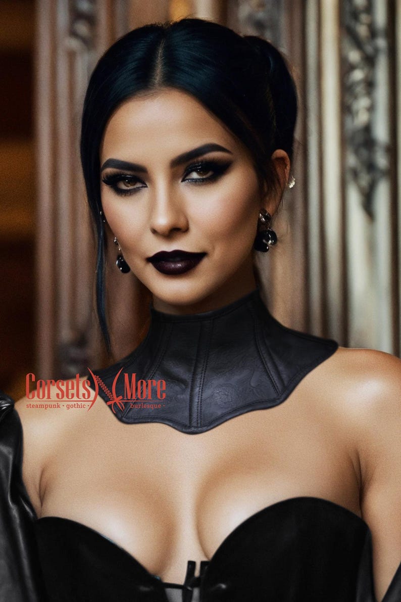 Black Floral Texture Leather Neck Posture Collar Corset With Lace Up Choker image 5