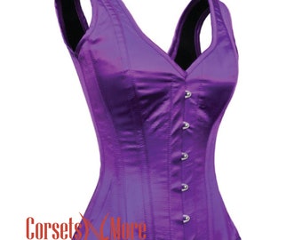 Top corsé de satén morado para mujer, ideal para disfraces de burlesque de Halloween, con tirantes y varillas de acero.