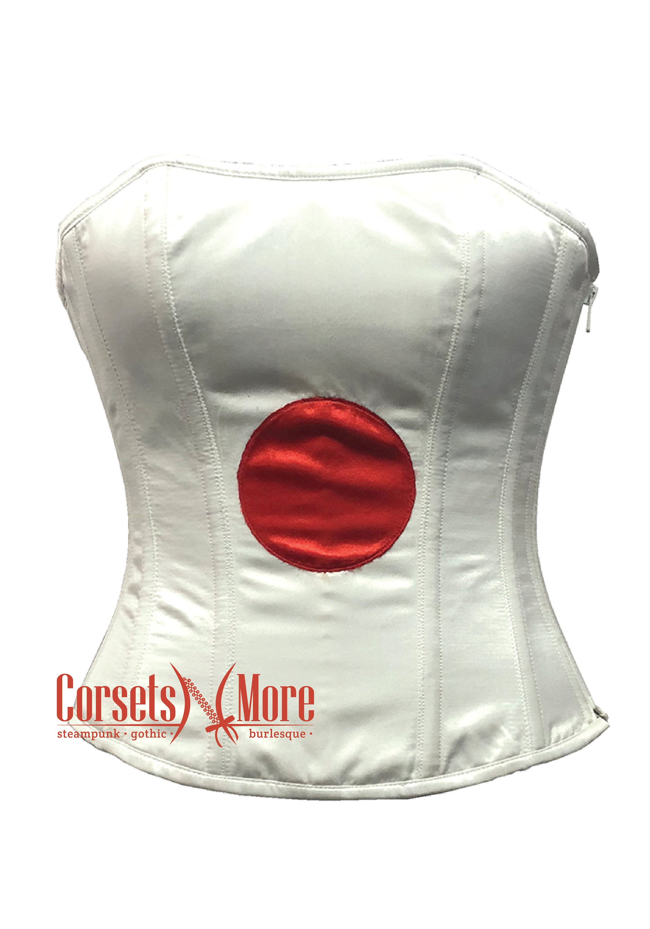 White and Red Satin Japan Flag Costume Waist Trainer Overbust Corset -   Australia