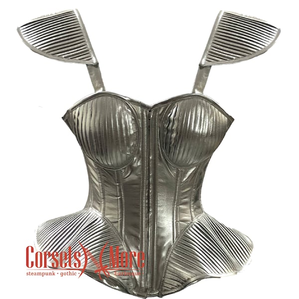 Silver Leather Overbust Corset with Shoulder Pads Top