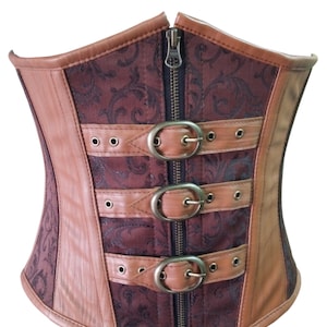 Brown Corset Zipper Brocade & Leather Steampunk Costume Waist Cincher Underbust Bustier Top
