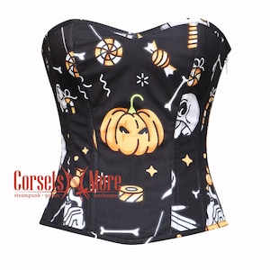 Pumpkin Printed Black Cotton Overbust Corset Gothic Costume