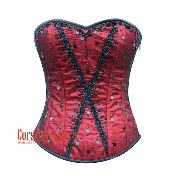 Red Satin With Black Sequins Burlesque Gothic Overbust Corset