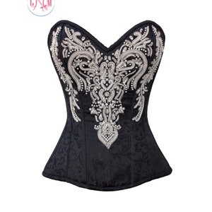Black Sequins Brocade Overbust Corset Burlesque Costume