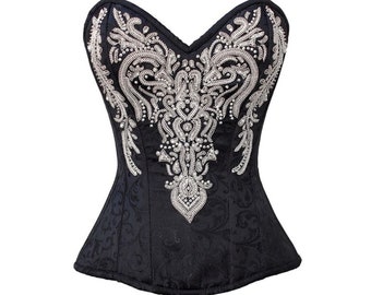 Black Sequins Brocade Overbust Corset Burlesque Costume