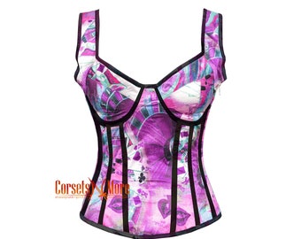Top corsé de satén morado estampado con tirantes para mujer, estilo vasco.