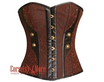 Brown Brocade Black Leather Steampunk Renaissance Costume Heavy Duty Overbust Corset