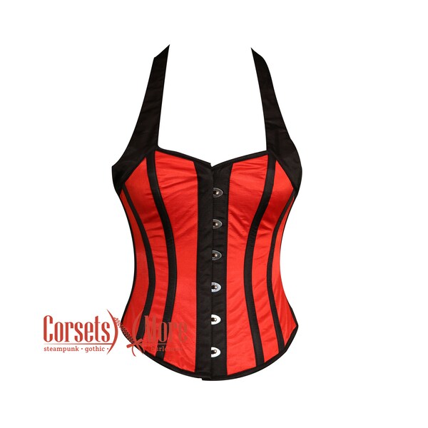 Red and Black Corset Satin Halter Neck Gothic Overbust Women Waist Costume