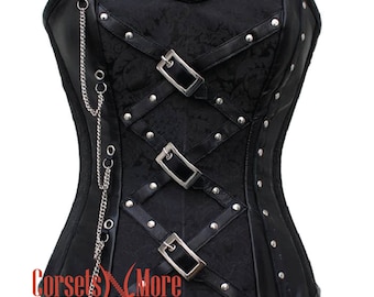 Black Corset Brocade and Leather Top Costume Overbust Black