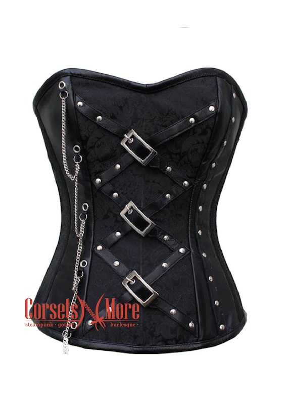 Black Corset Brocade and Leather Gothic Steampunk Costume Overbust