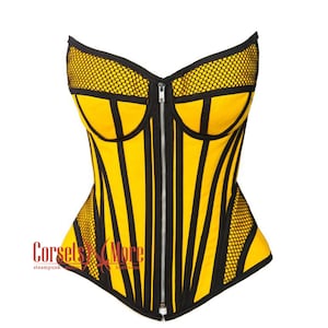 Corsé de satén amarillo con cremallera de malla negra sobre el busto, disfraz de abejorro para mujer para la Comic Con 2025