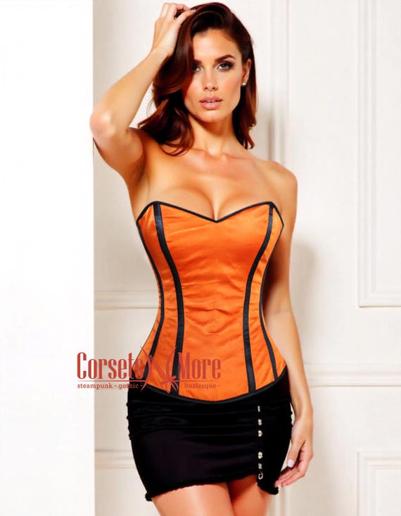 Orange Satin Burlesque Corset for Women – Black Stripe Overbust