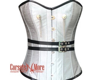 Silver Grey Silk Burlesque Costume Leather Belt Mother's Day Gothic Overbust Corset