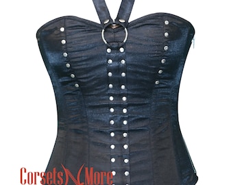 Black Satin With Halter Neck Overbust Gothic Corset Top Burlesque Costume Bustier top Christmas Costume
