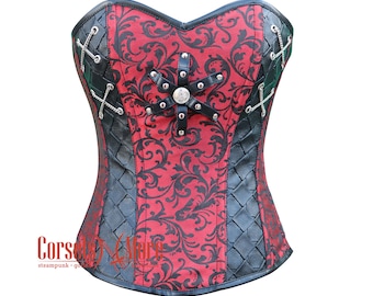 Red and Black Brocade Steampunk Leather Gothic Costume Overbust Corset