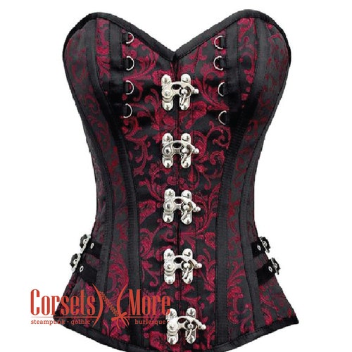 Saze Black Red Brocade Overbust Corset With Zip Front
