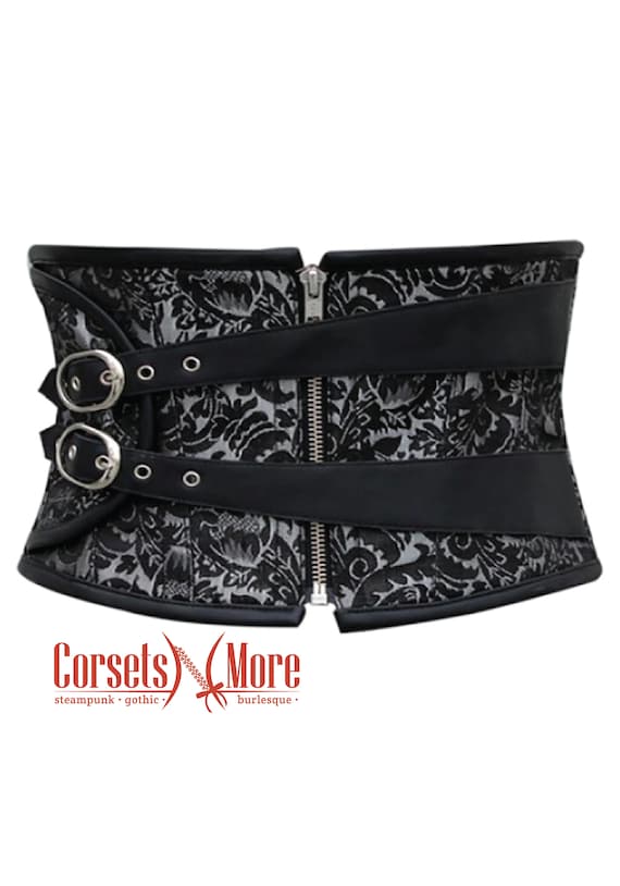 Black and Silver Brocade Leather Zipper Corset Belt Gothic