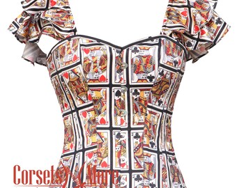 May include: A white corset with a black trim and a playing card print. The corset has short, ruffled sleeves and a sweetheart neckline.