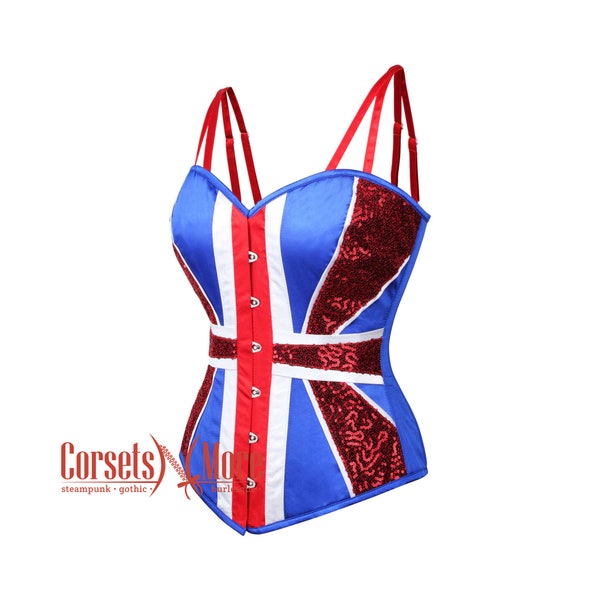 Corset overbust burlesque bleu et blanc avec paillettes rouges drapeau Union Jack du Royaume-Uni à rayures rouges