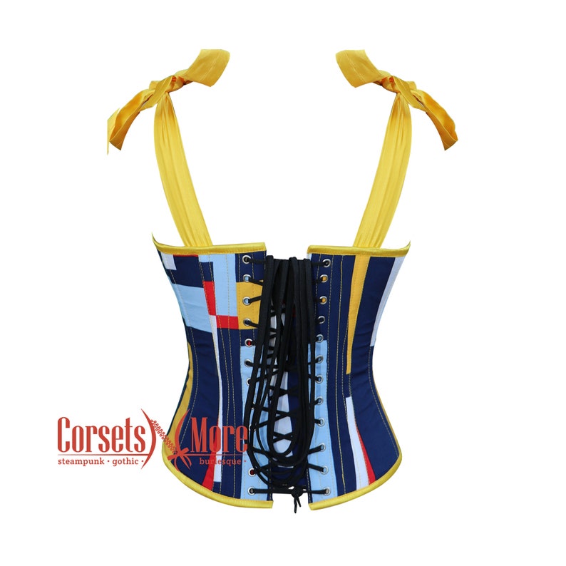May include: A blue, red, yellow, and white striped corset with yellow straps and a black lace-up back.