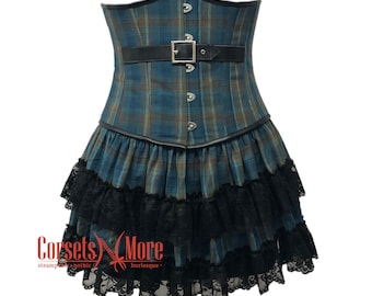 Blue Check Printed Cotton Underbust Corset With Leather Belt Steampunk Costume With Skirt