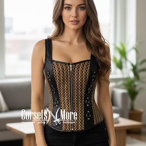 Jute Check Pattern Corset: Black Leather Straps, Steampunk Costume