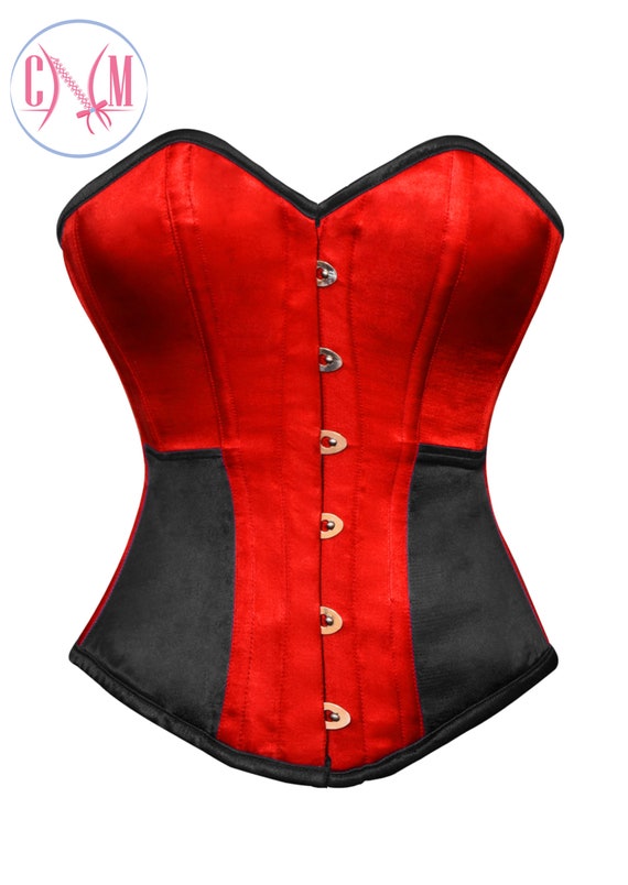 Red Cotton Black Satin Piping Gothic Overbust Plus Size Corset Waist  Training Burlesque Costume Top & Dress