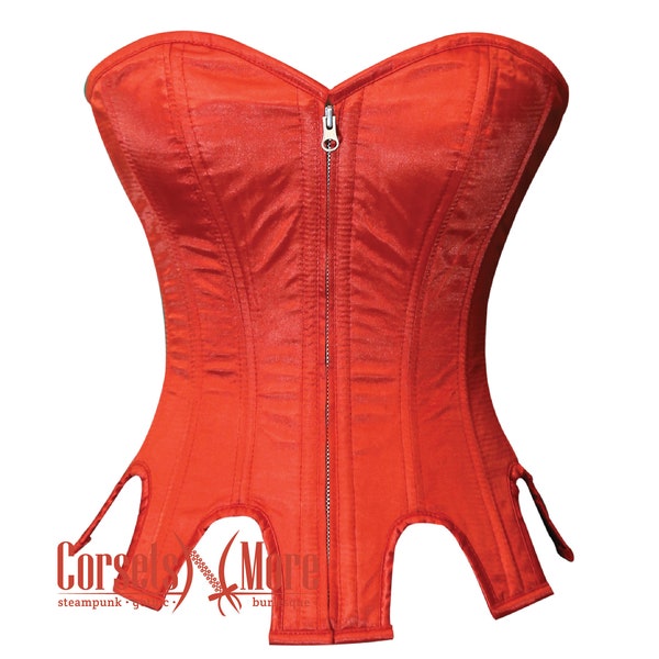 Red Satin Woman Corset with Zipper and Unique Inverted Cuts Overbust