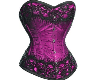 Purple Satin | Olive Green Satin | Black Net Sequins Corset Overbust Mother's Day Costume