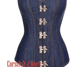 Authentic Blue Denim Corset – Overbust Steampunk Bustier Waist Trainer Top Halloween Costume
