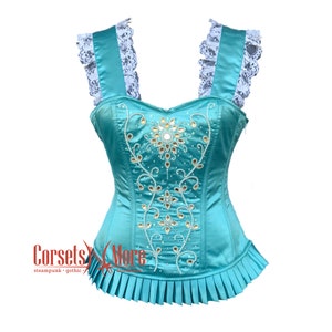Baby Blue Satin White Sequins Overbust Corset With Shoulder Straps Burlesque Dress