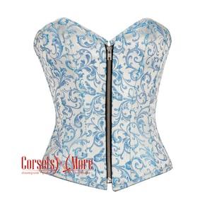 Blue And White Brocade Overbust Corset Front Zipper Costume | Authentic Steel Boned Corset