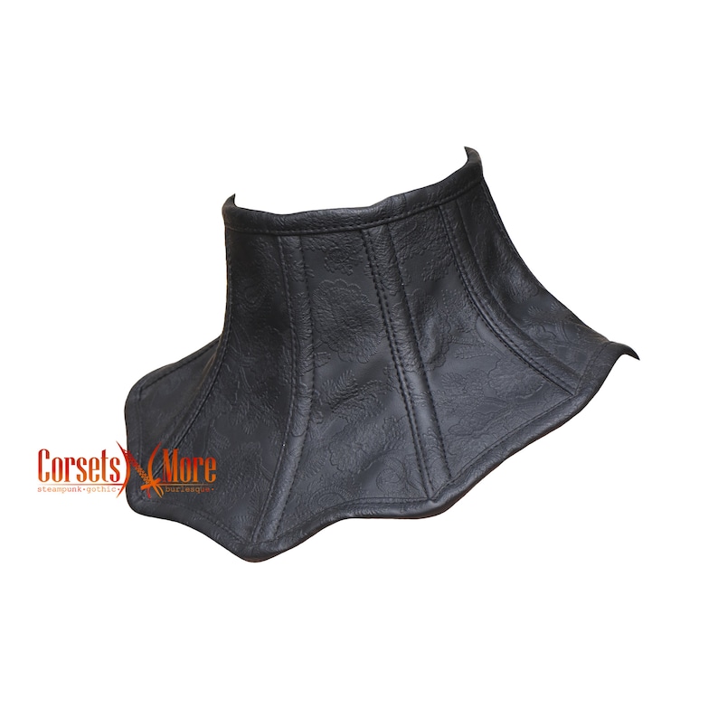 May include: Black leather choker with a scalloped edge and a corset-style design.