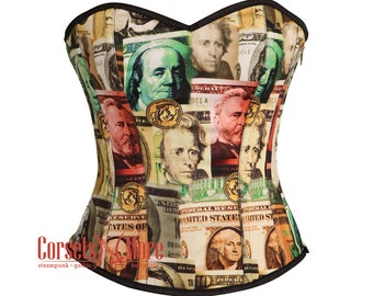 Dollars Printed Satin Overbust Corset Bustier Gothic Mother's Day Costume