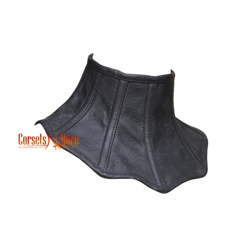 May include: Black leather choker with a scalloped edge and a corset-style design.