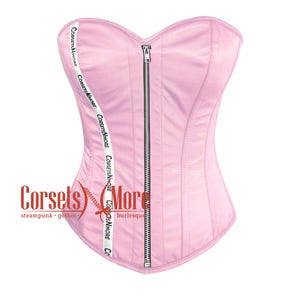 Light Pink Satin Overbust Zipper Corset Bustier Steel Boned Curvy Costume for Comic Con 2025