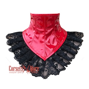 Red PVC Leather Black Lace Design Neck Corset with Back Lace Up Accessories