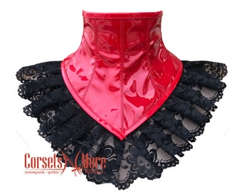 Red PVC Leather Black Lace Design Neck Corset with Back Lace Up Accessories