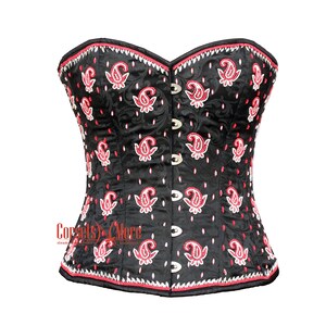 Black Brocade Red White Sequins Costume Overbust Corset Waist Trainer for Comic Con 2025