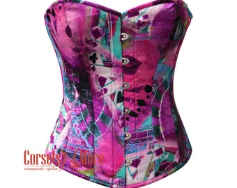 Top corsé de satén morado estampado para mujer, estilo burlesque gótico y colorido.