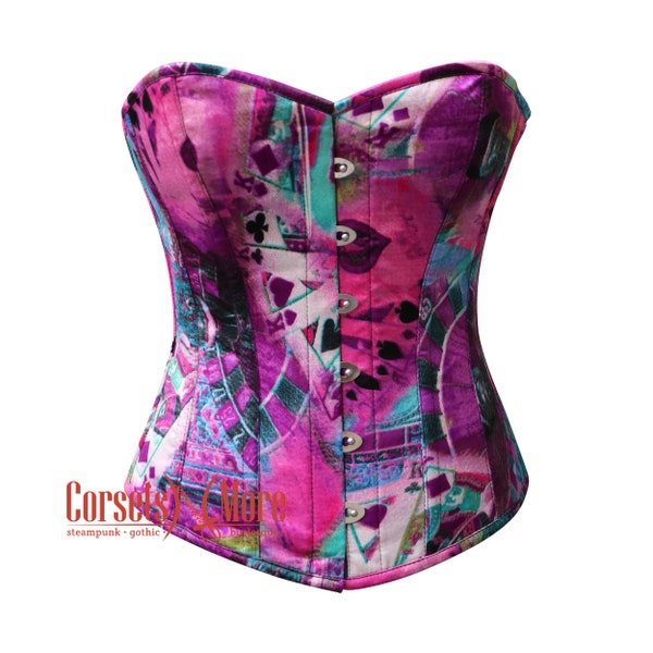 Corset de costume gothique overbust en satin violet coloré imprimé