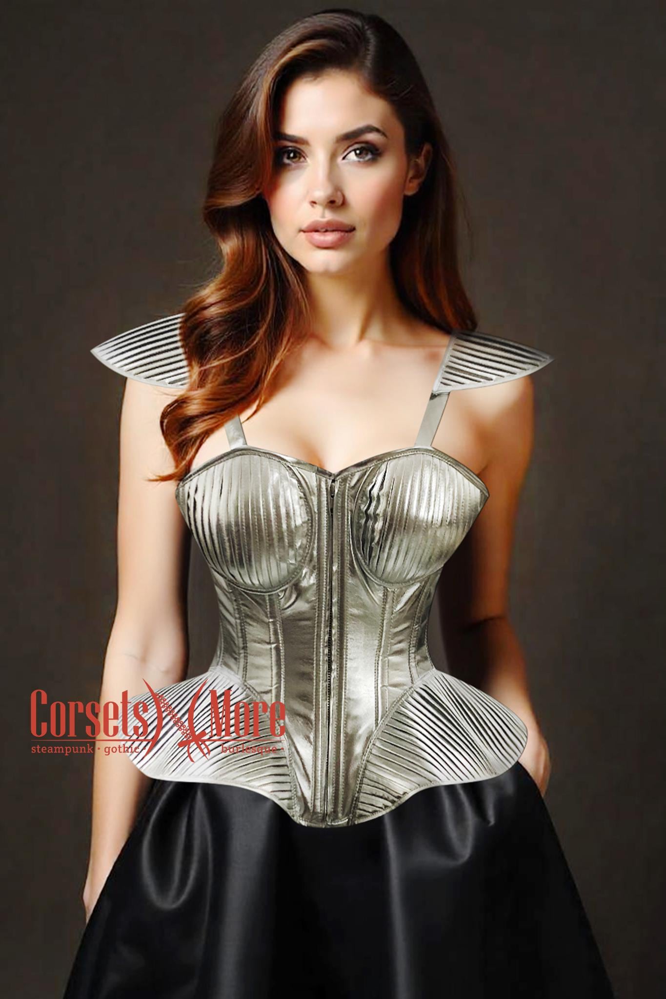 Silver Leather Overbust Corset With Shoulder Pads Futuristic