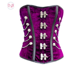 Purple Velvet Black Leather Stripes Overbust Steampunk Corset