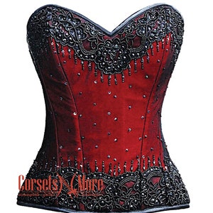 Haut corset overbust costume burlesque en satin bleu aqua et satin noir rouge satin noir net