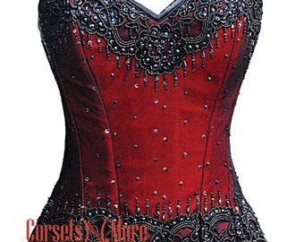Aqua Blue Satin and Red Satin Black Net Sequins Burlesque Costume Overbust Corset Top