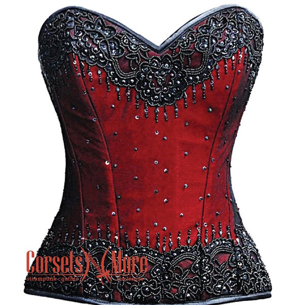 Aqua Blue Satin and Red Satin Black Net Sequins Corset Overbust Bustier Sequins Corset