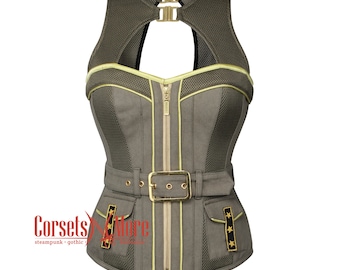 Steampunk Army Green Corset Top, Military Cosplay Costume