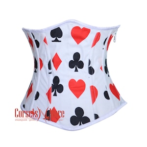 Corsé bajo el busto de algodón con estampado de diamantes, corazones, tréboles y picas para disfraz de casino de reina de corazones